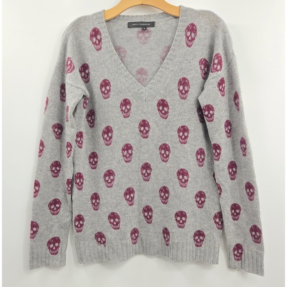 Skull Cashmere Sweater Size Medium Riley Grey Burgundy Skulls V Neck - Picture 15 of 16